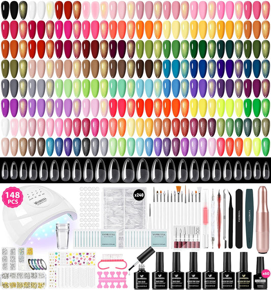 Vanreesa 148pcs gel nail kit color swatches showcase seasonal shades for DIY manicures.