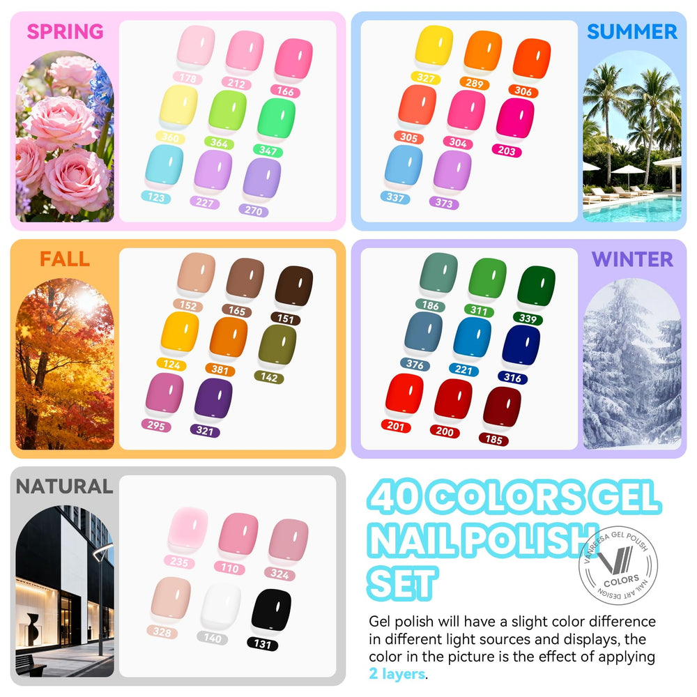 VANREESA 40-color gel nail polish swatches showing seasonal shades
