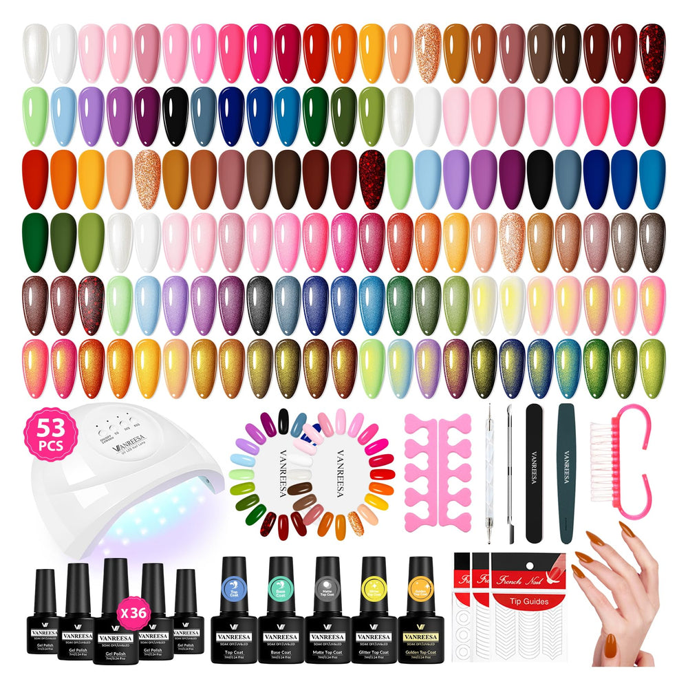 VANREESA gel nail polish kit with 36 colors displayed on boards for easy shade selection