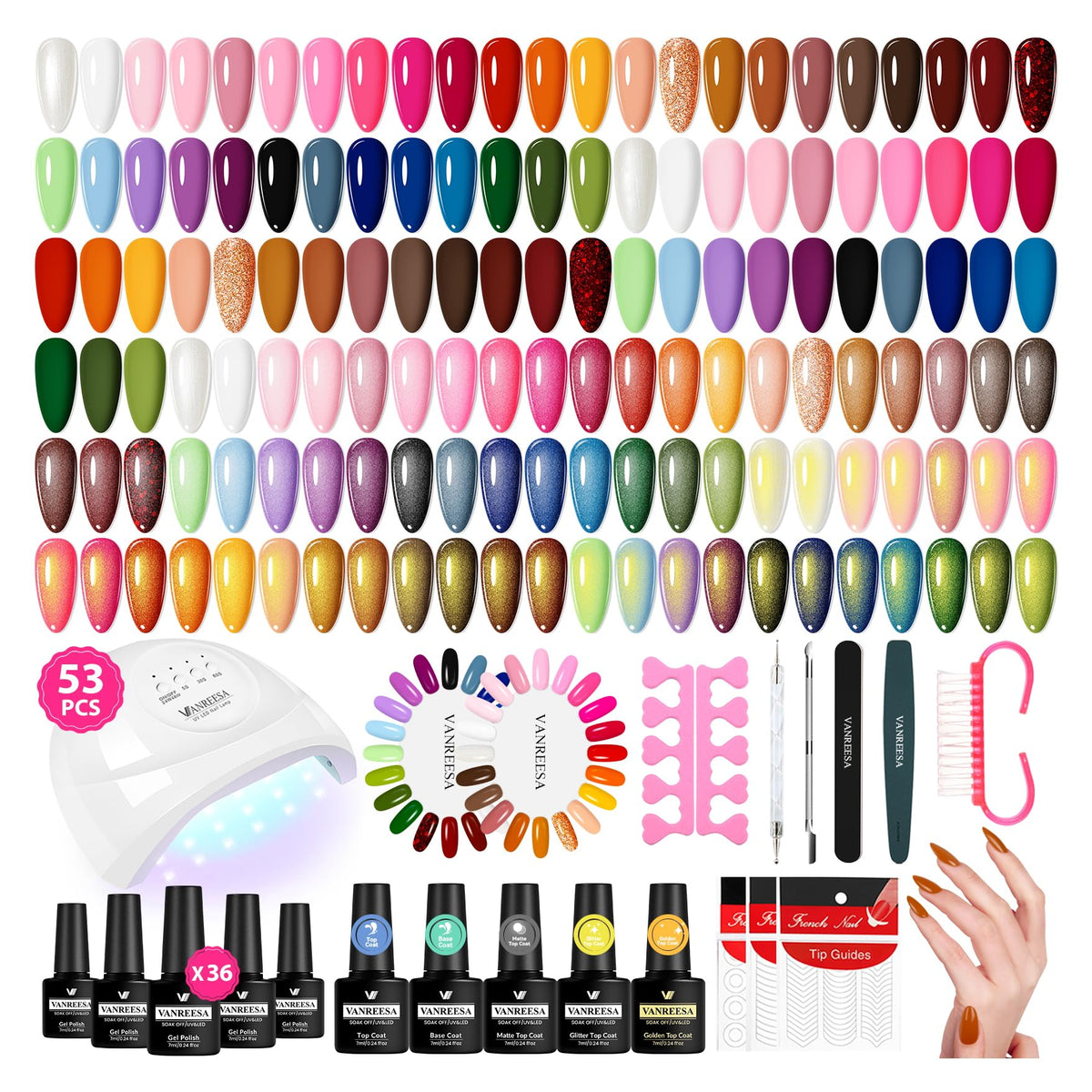 VANREESA gel nail polish kit with 36 colors displayed on boards for easy shade selection