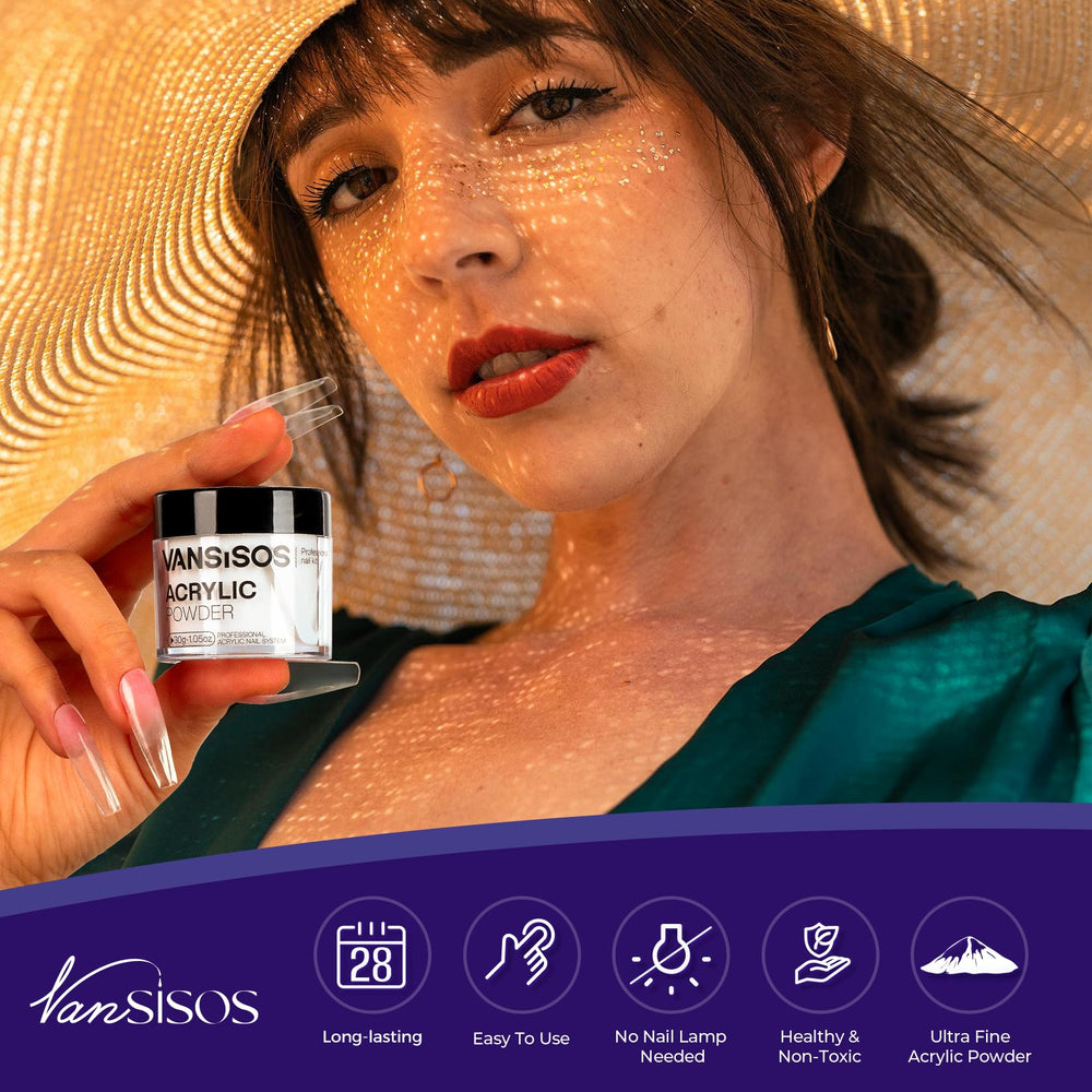 VANSISOS clear acrylic powder duo displayed for natural-looking nails