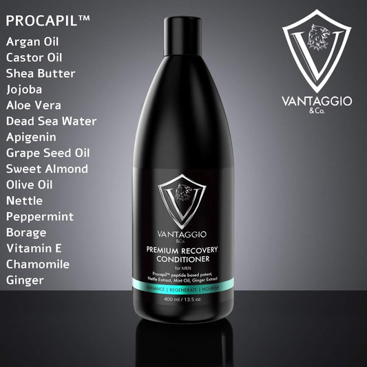 Close-up of label on Vantaggio & Co. conditioner highlighting PROCAPIL and natural oils.