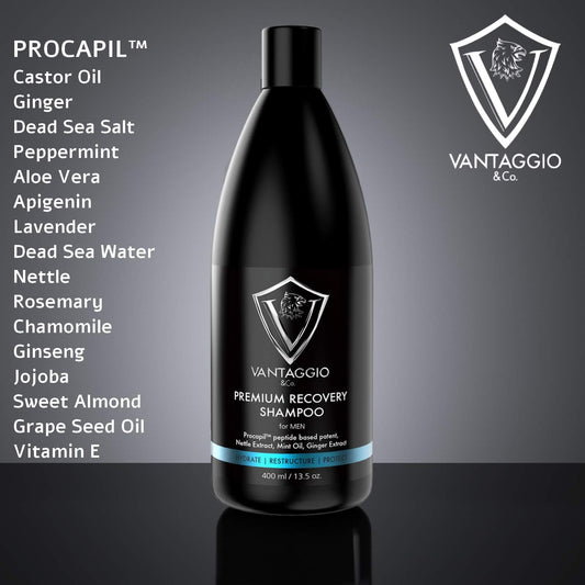 Vantaggio and Co Hair Loss Shampoo label close-up showing key ingredients like peppermint