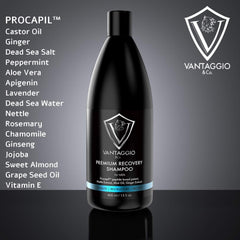 Vantaggio and Co Hair Loss Shampoo label close-up showing key ingredients like peppermint