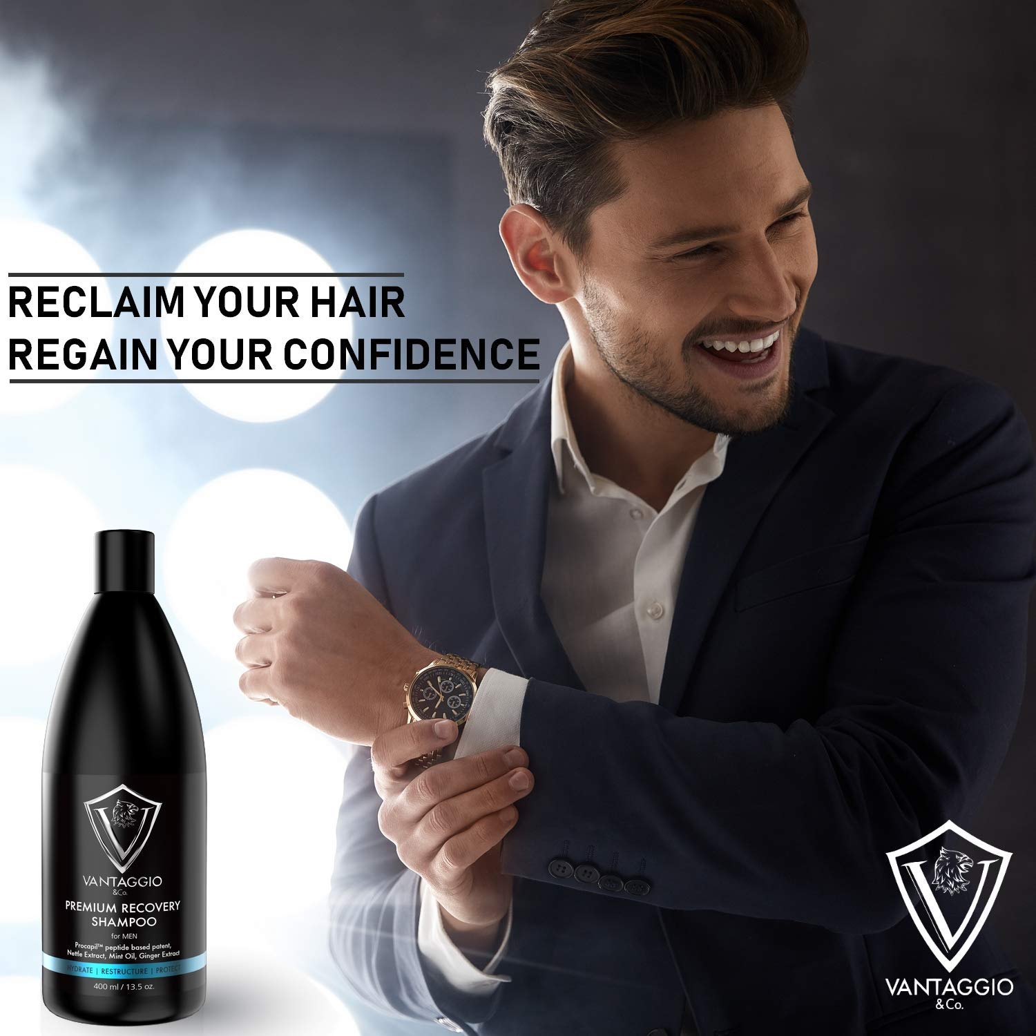 Vantaggio and Co Hair Loss Shampoo usage scene showing easy application