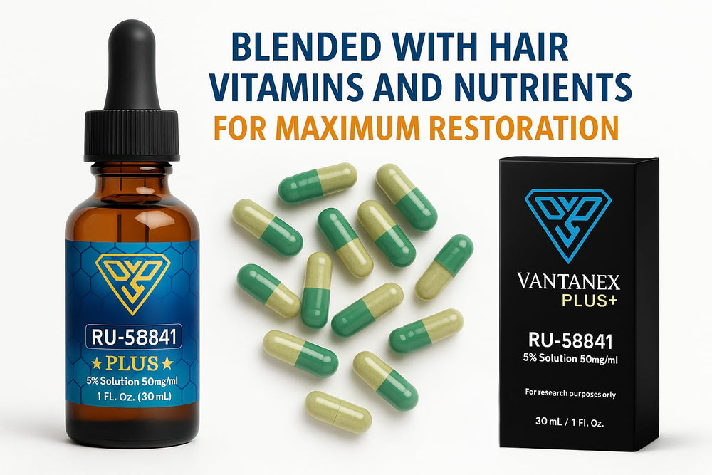 Vantanex RU58841 Plus ingredients label close-up highlighting biotin and CoQ10.