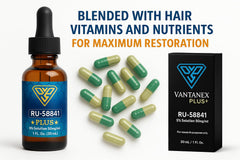Vantanex RU58841 Plus ingredients label close-up highlighting biotin and CoQ10.