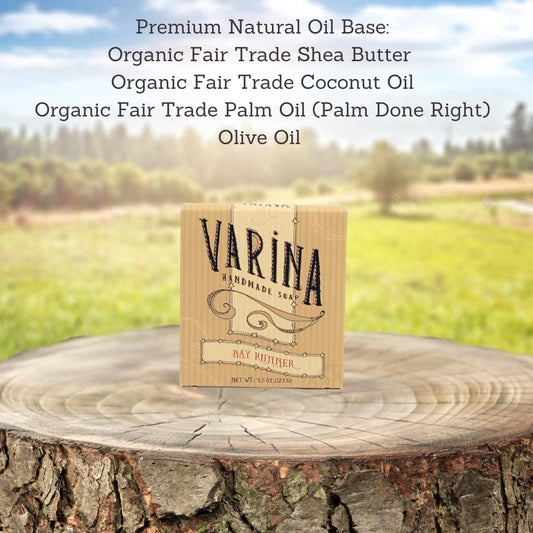 Varina Bay Runner Soap bar close-up emphasizing creamy lather and spicy scent.