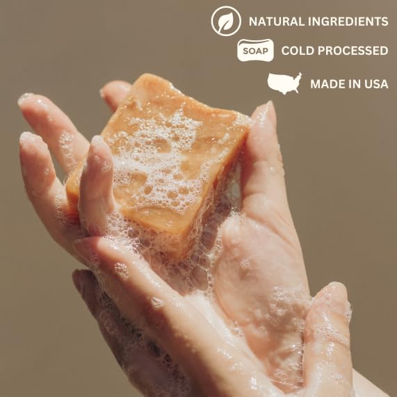 Varina Bay Runner Soap bar on bathroom shelf with natural ingredients visible.