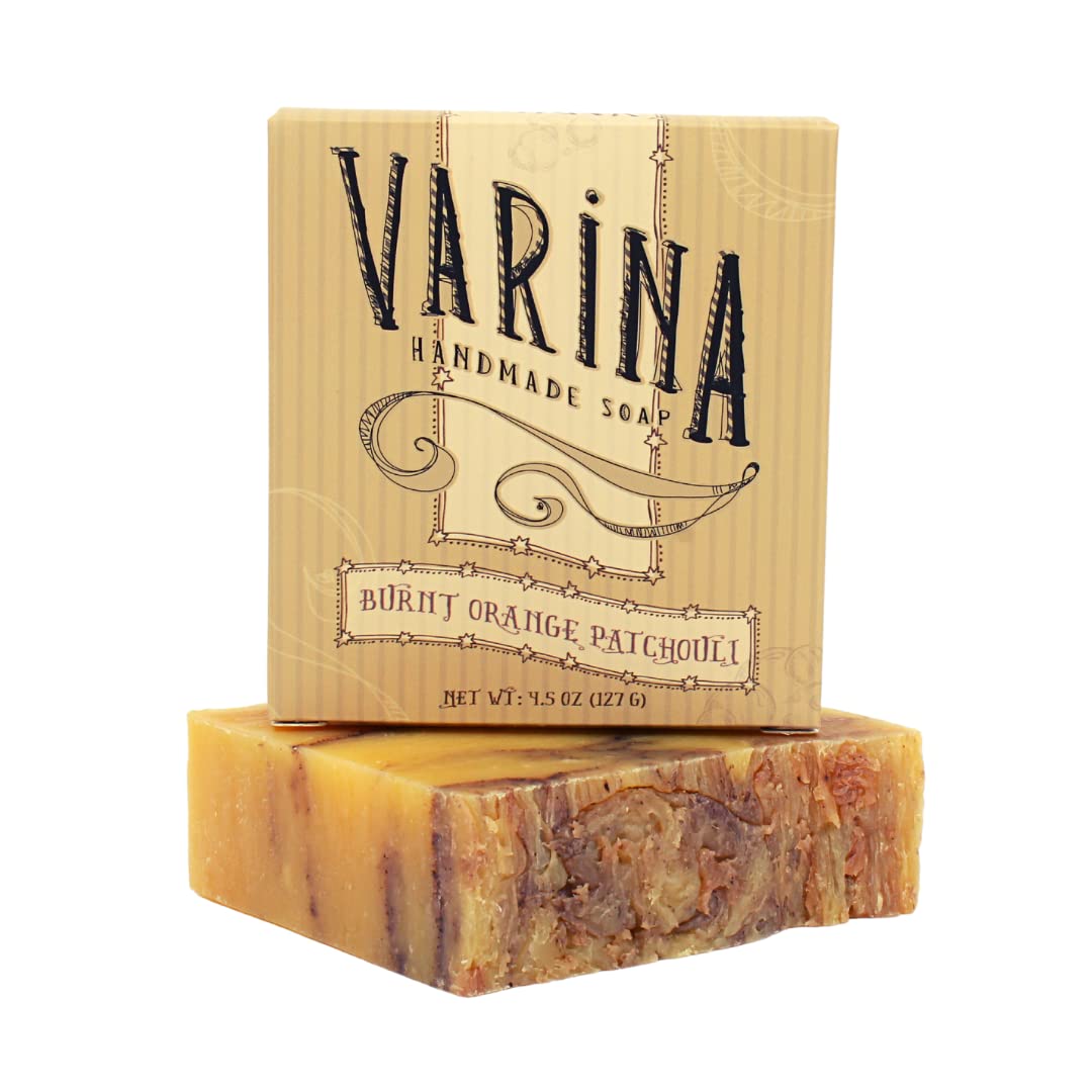Varina Burnt Orange Patchouli soap bathroom scene suggests serene at-home cleansing