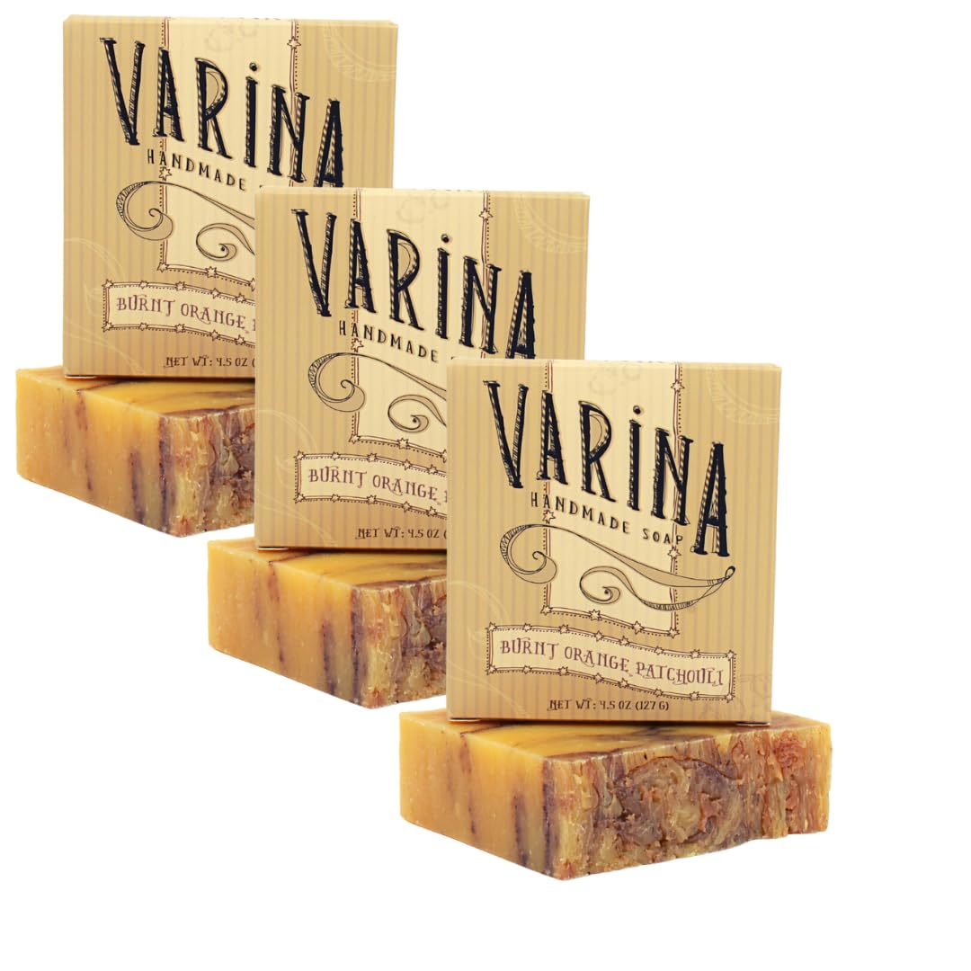 Varina Burnt Orange Patchouli bar soap cover shows natural cleansing in a clean package