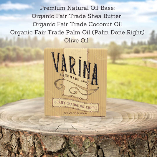 Varina Burnt Orange Patchouli bar soap lather demonstrates gentle cleansing for face and body