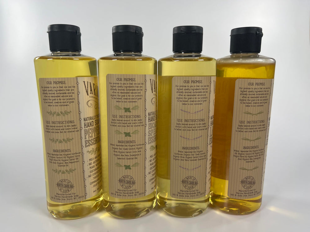 Pouring Varina castile soap into a foaming dispenser for rich lather
