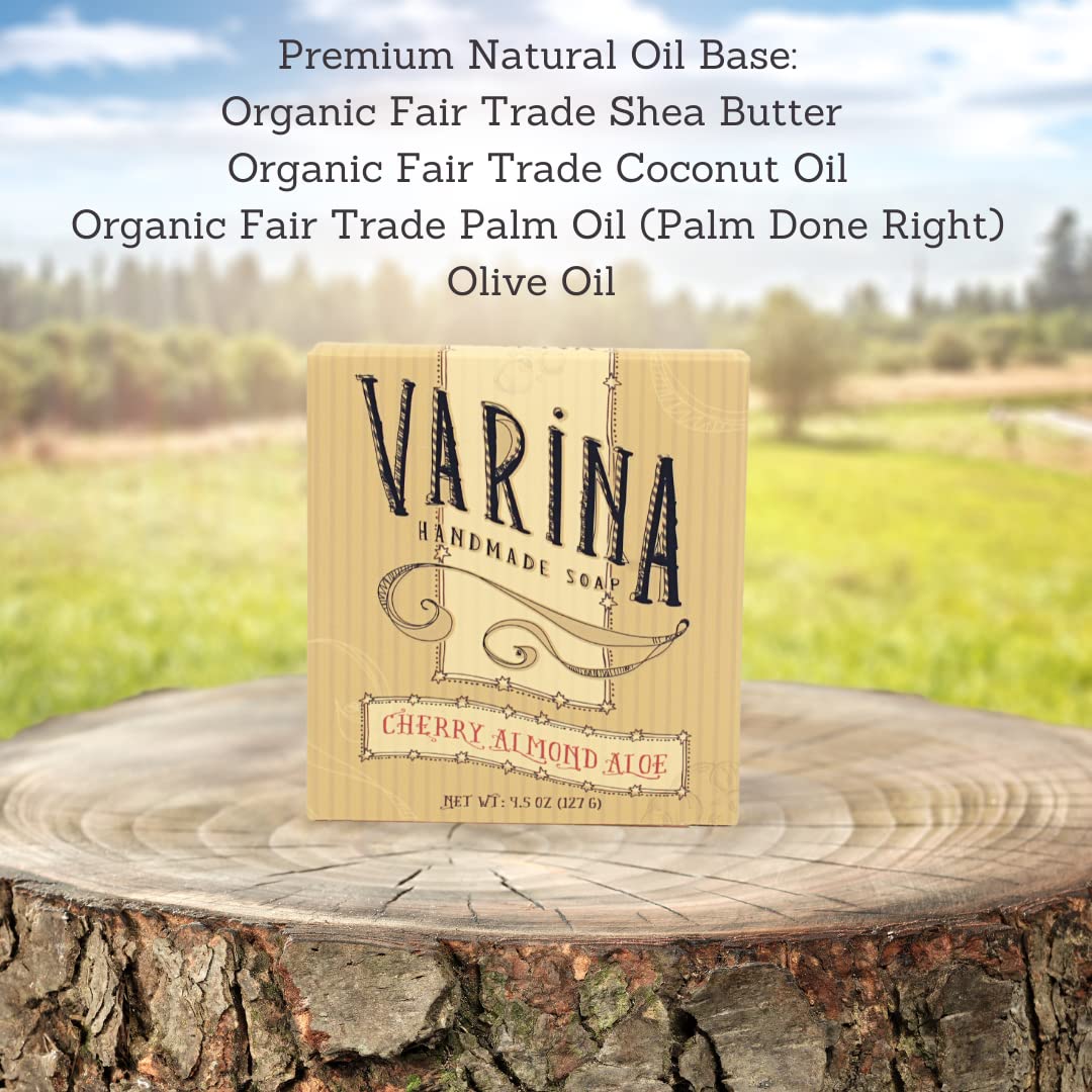 Varina Cherry Almond Aloe Bar Soap Closeup shows creamy lather for gentle cleansing.