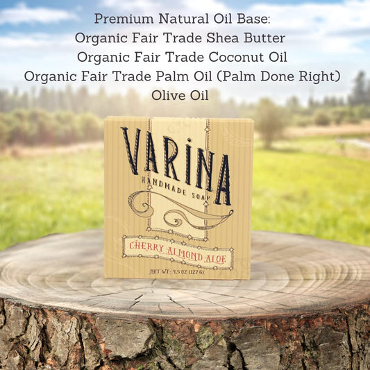 Varina Cherry Almond Aloe Bar Soap Closeup shows creamy lather for gentle cleansing.