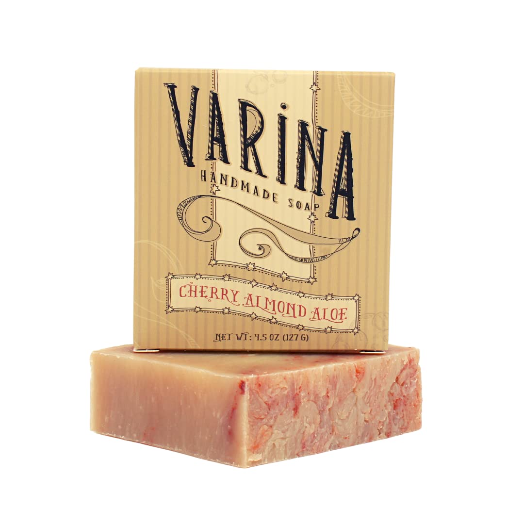 Varina Cherry Almond Aloe Bar Soap Packaging highlights eco-friendly design.