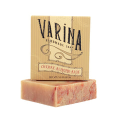 Varina Cherry Almond Aloe Bar Soap Packaging highlights eco-friendly design.