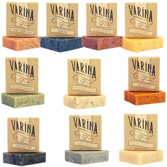 Varina Florida Sunrise bar soap with earthy aroma for a refreshing cleanse suitable for sensitive skin.