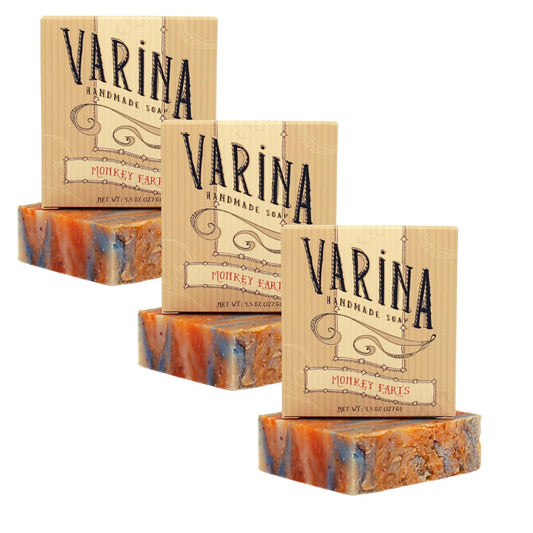 Varina Monkey Farts bar soap 3-pack front view with fruity fragrance for daily cleansing