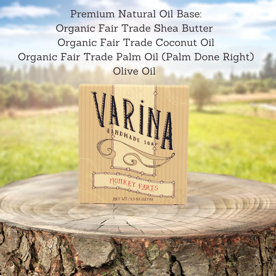 Varina Monkey Farts bar soap ingredients close-up showing natural botanicals for gentle cleansing