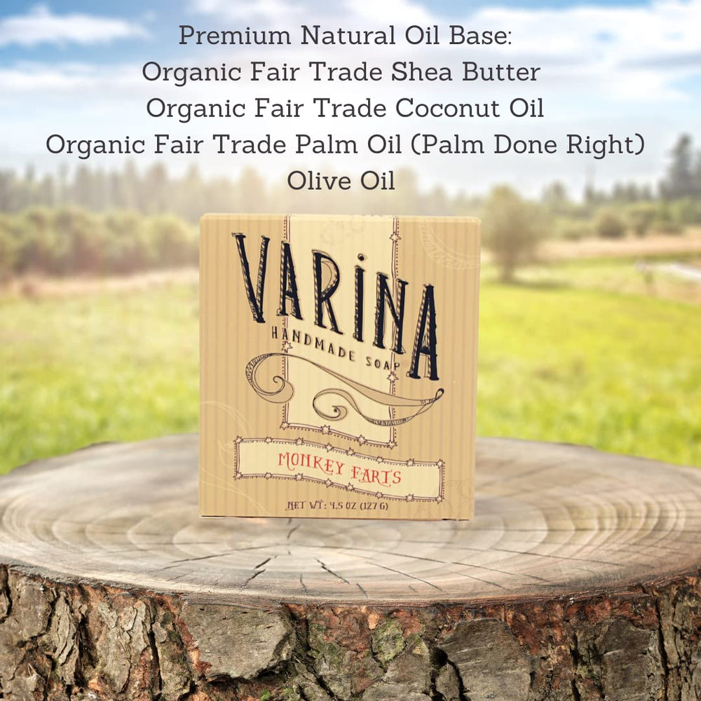 Varina Monkey Farts bar soap ingredients close-up showing natural botanicals for gentle cleansing