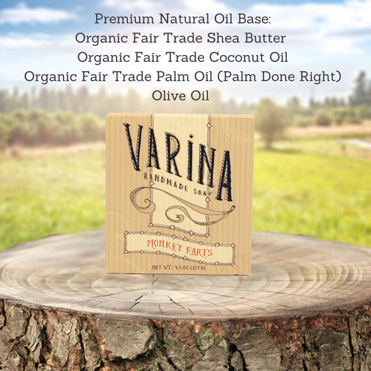 Varina Monkey Farts bar soap ingredients close-up showing natural botanicals for gentle cleansing