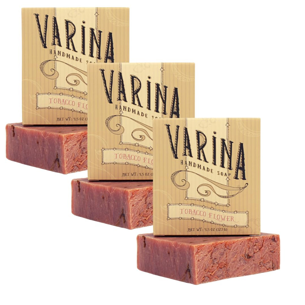 Varina tobacco flower bar soap unwrapped showing natural form for cleansing.