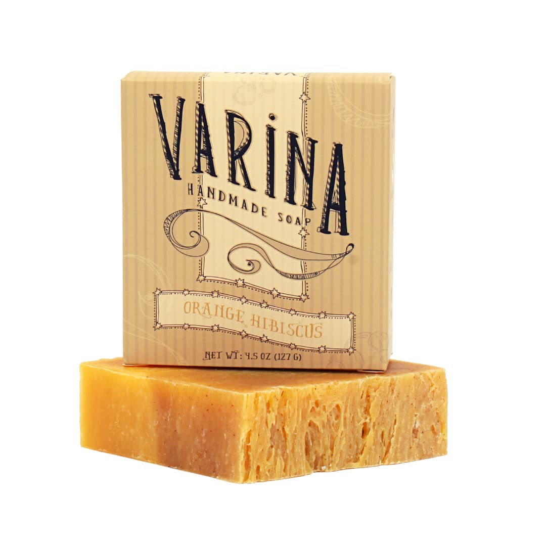 Varina orange hibiscus bar soap on a sink, ready for daily face and body use.