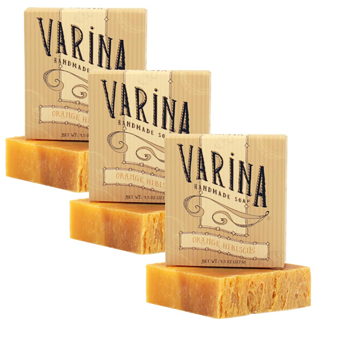 Varina orange hibiscus bar soap pack close-up, gentle cleanse for sensitive skin.