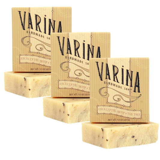 Varina Organic Eucalyptus Hemp Tea Tree Soap hero image for sensitive skin cleansing.