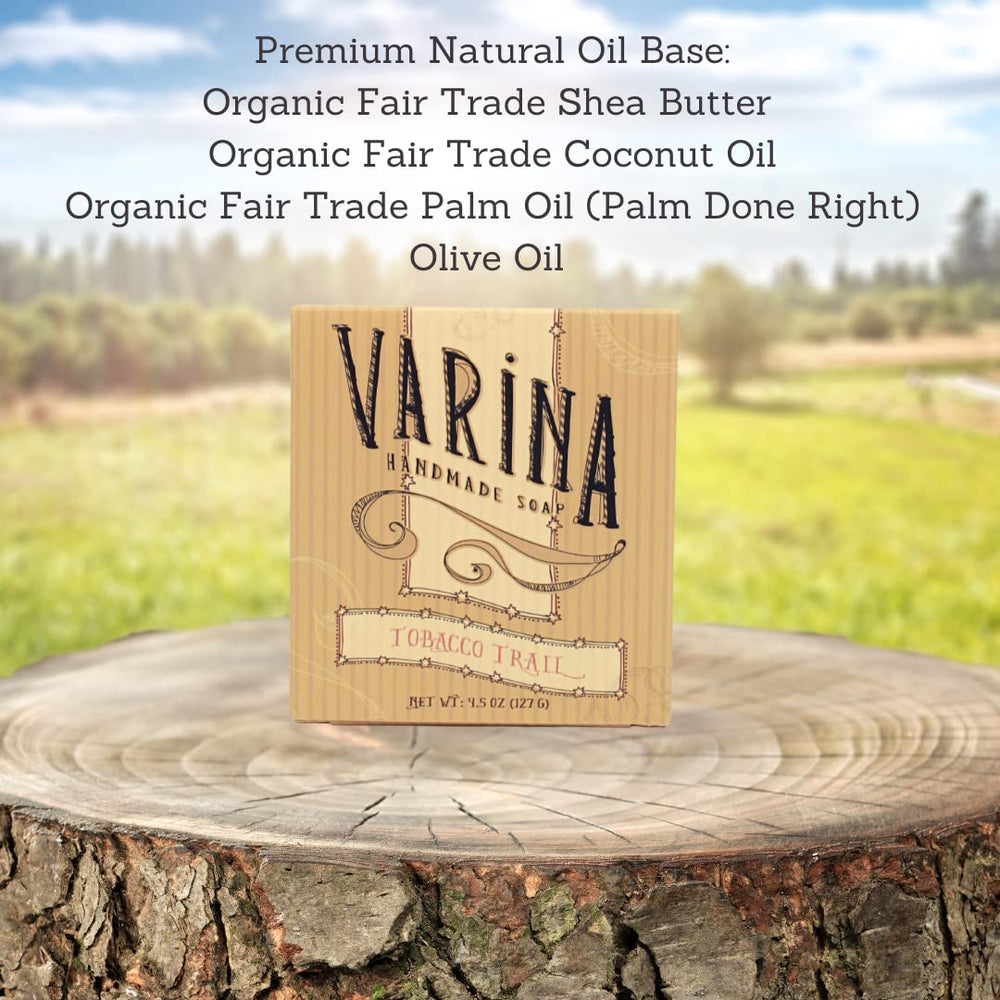 Varina Tobacco Trail Bar Soap close-up texture shows natural finish.