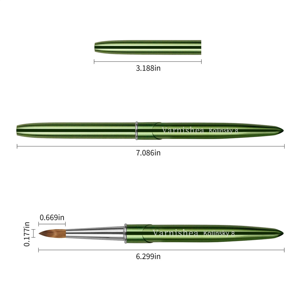 varnishea Kolinsky nail brush with green metal handle for smooth control