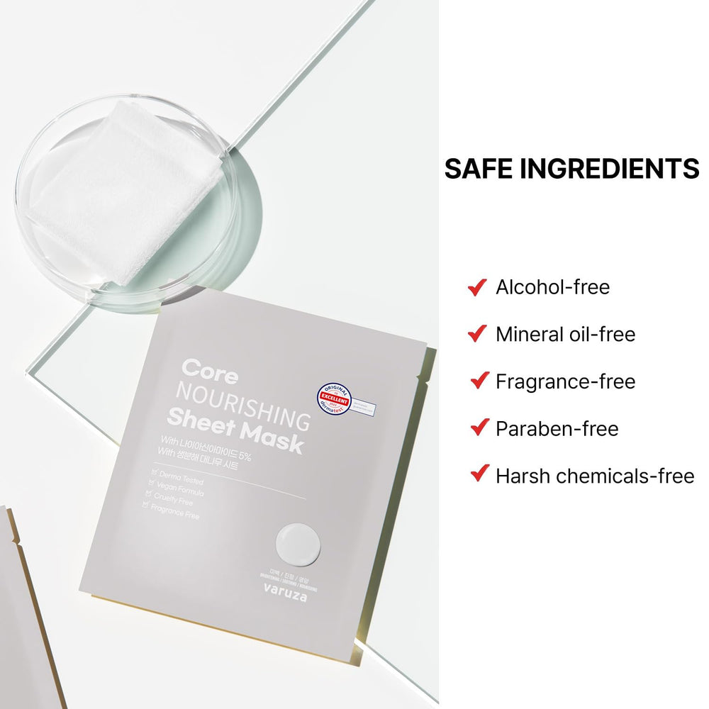 Fragrance-free and cruelty-free label on Varuza Core Nourishing Sheet Mask for sensitive skin