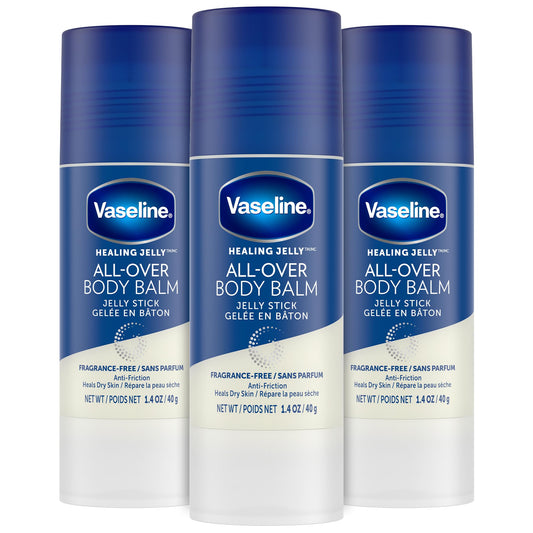 Vaseline All-Over Body Balm Stick packaging shows portable hydration.