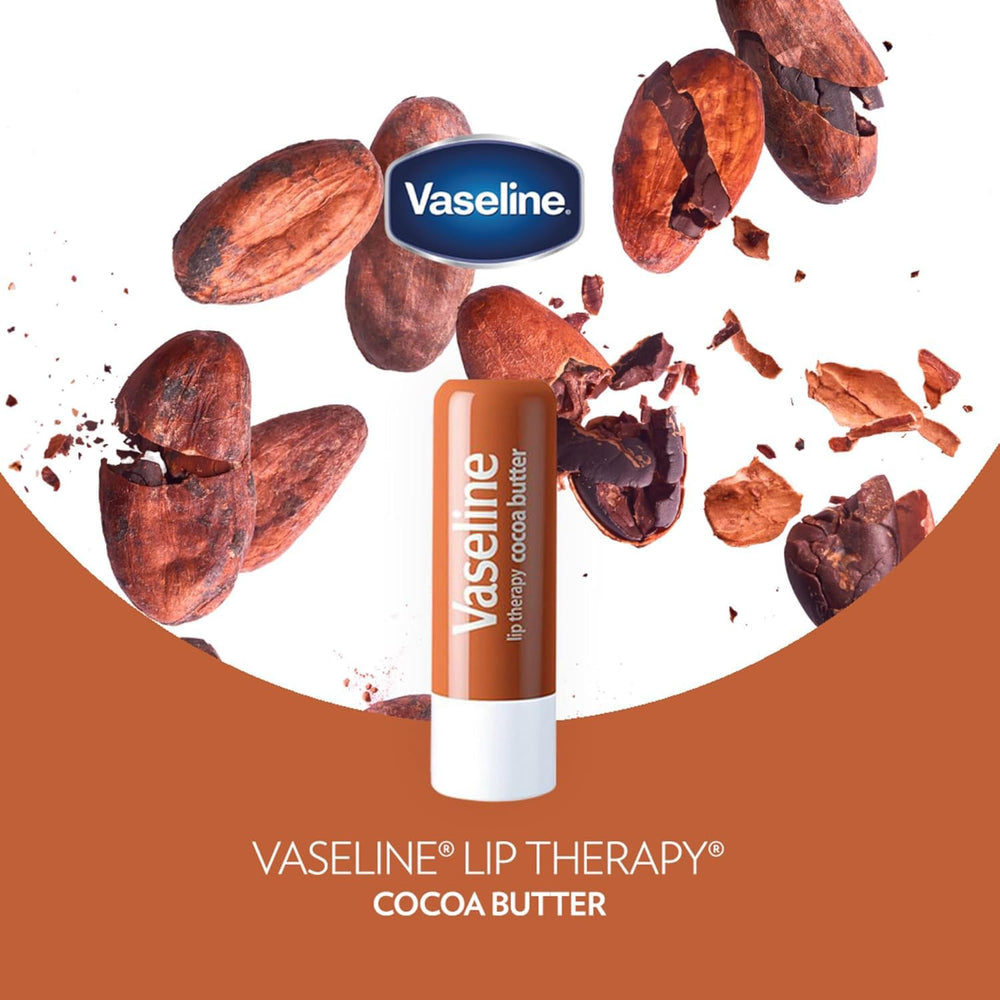 Vaseline Cocoa Butter lip balm close-up shows creamy texture and nourishment.