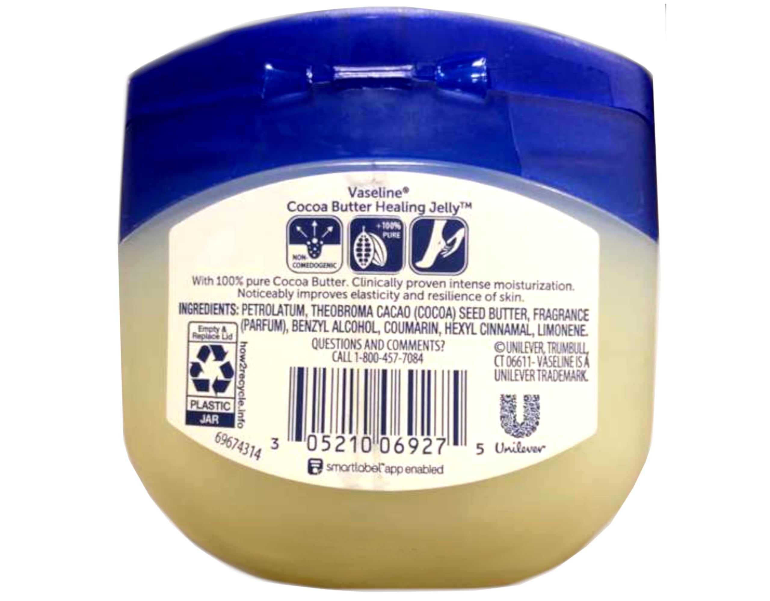 Close-up of Vaseline cocoa butter jar showing moisture-lock formula.