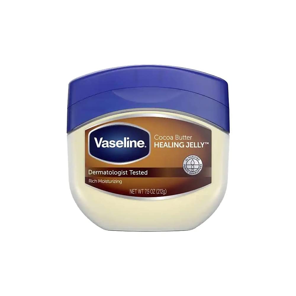 Vaseline Cocoa Butter Petroleum Jelly jar, pack4, seals in moisture for dry skin relief.