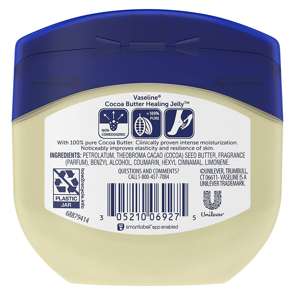 Vaseline Cocoa Butter jelly texture close-up; nourishing feel