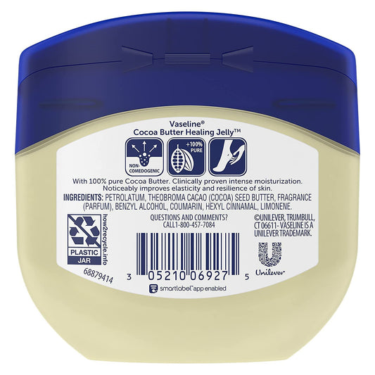 Vaseline Cocoa Butter jelly texture close-up; nourishing feel