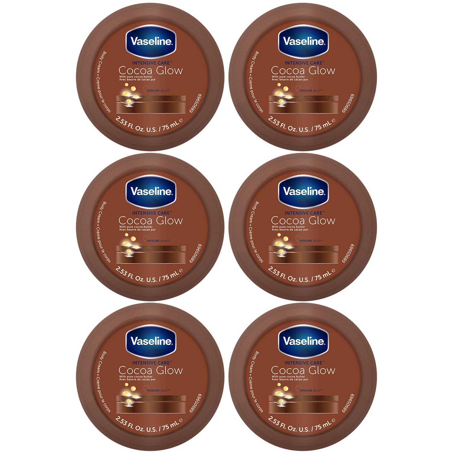 Vaseline Cocoa Glow six-pack packaging for daily moisture on dry skin