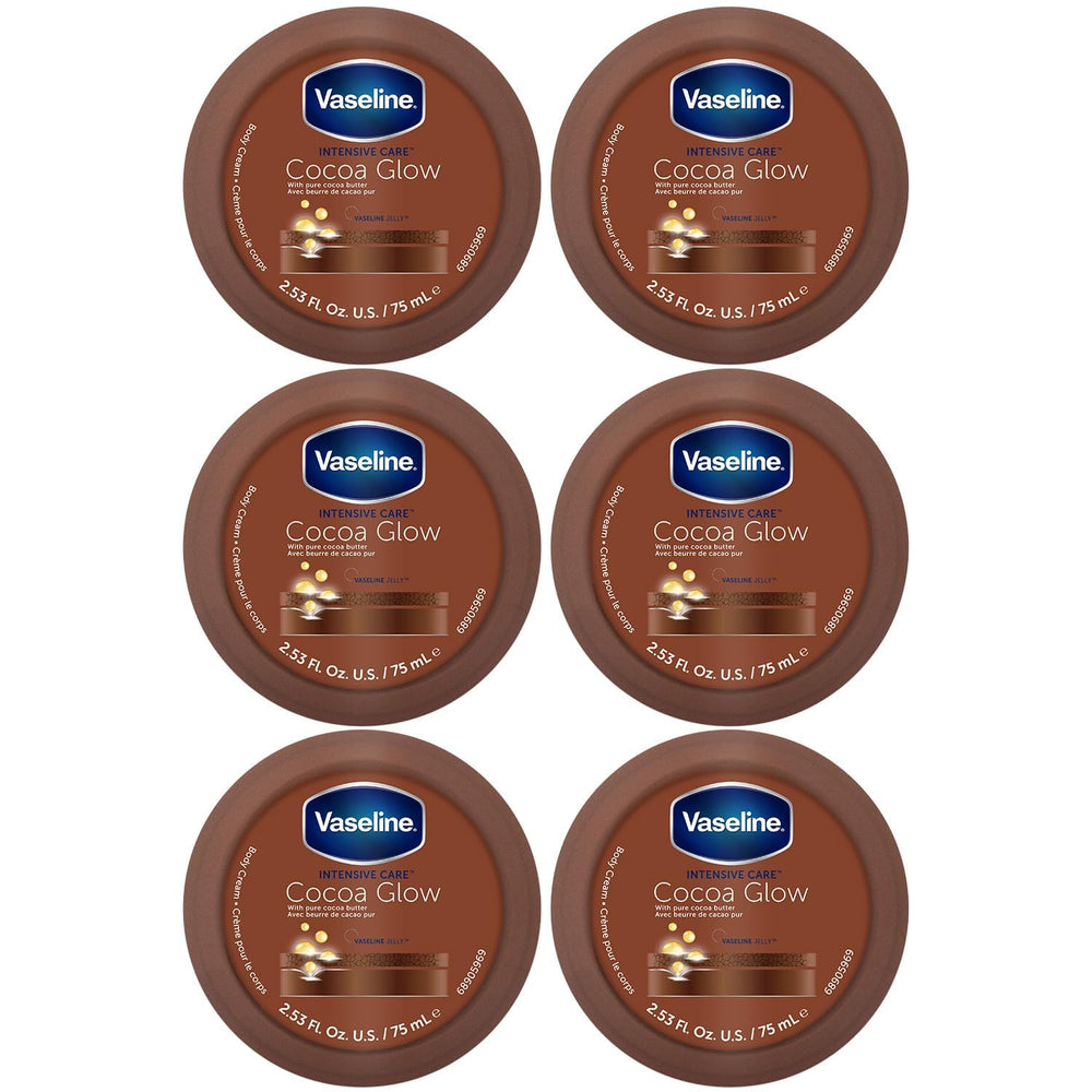 Vaseline Cocoa Glow six-pack packaging for daily moisture on dry skin
