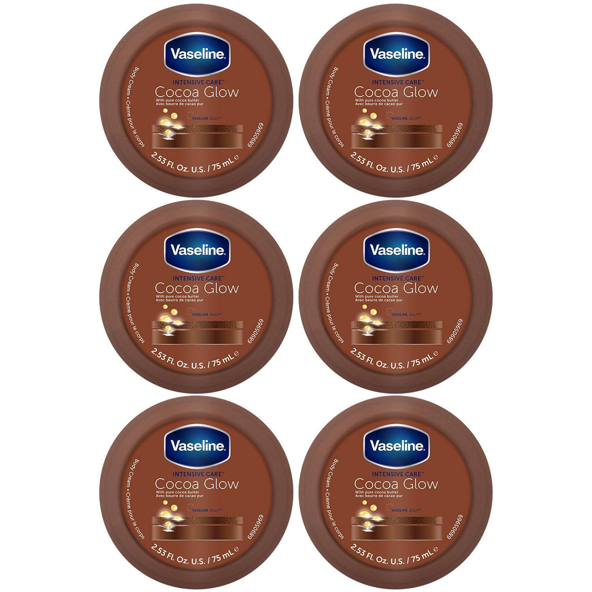 Vaseline Cocoa Glow six-pack packaging for daily moisture on dry skin