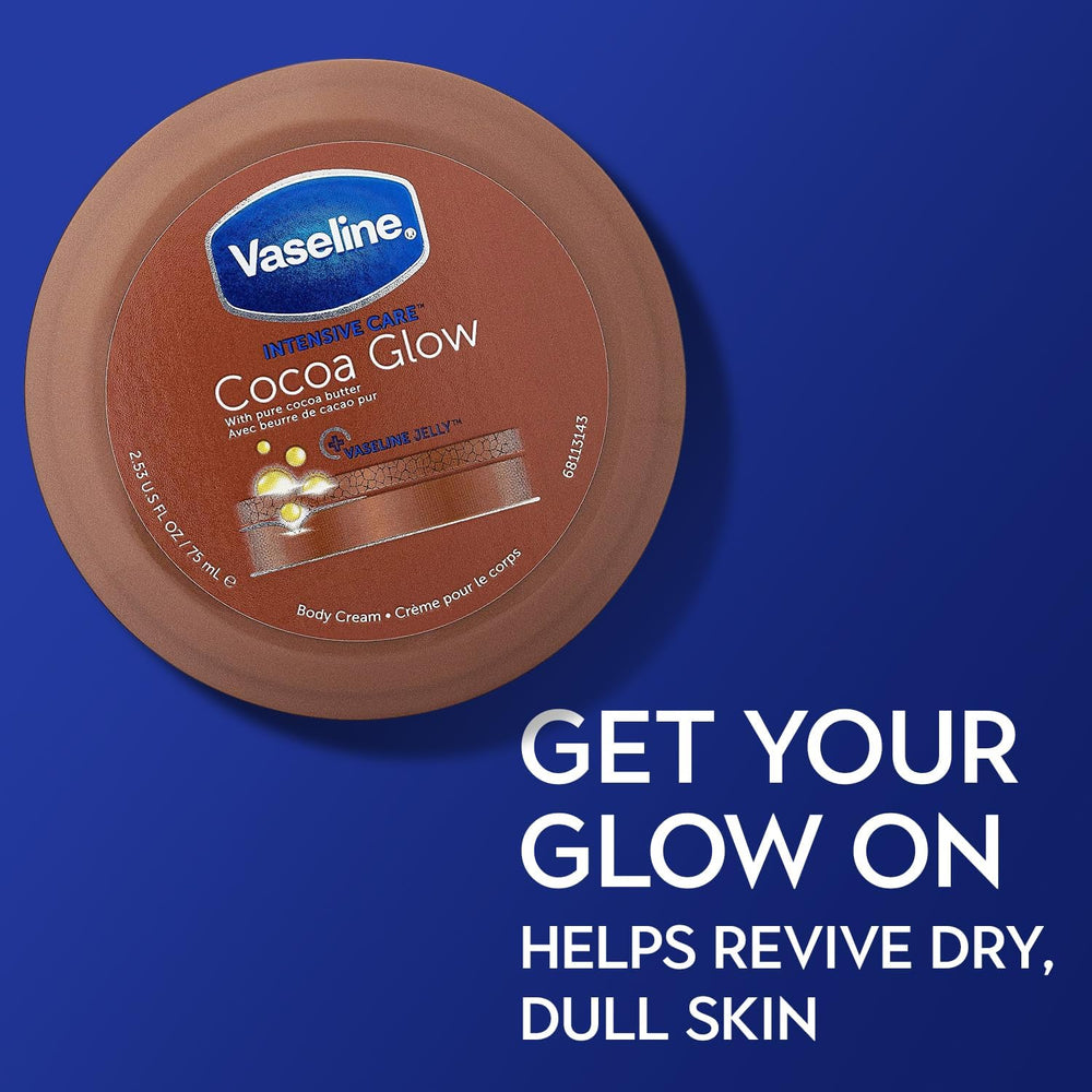 Vaseline Cocoa Glow ingredients close-up featuring cocoa butter and Vitamin E