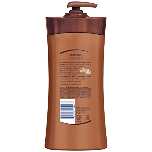 Vaseline Cocoa Radiant lotion bottle-application highlights non-greasy absorption.
