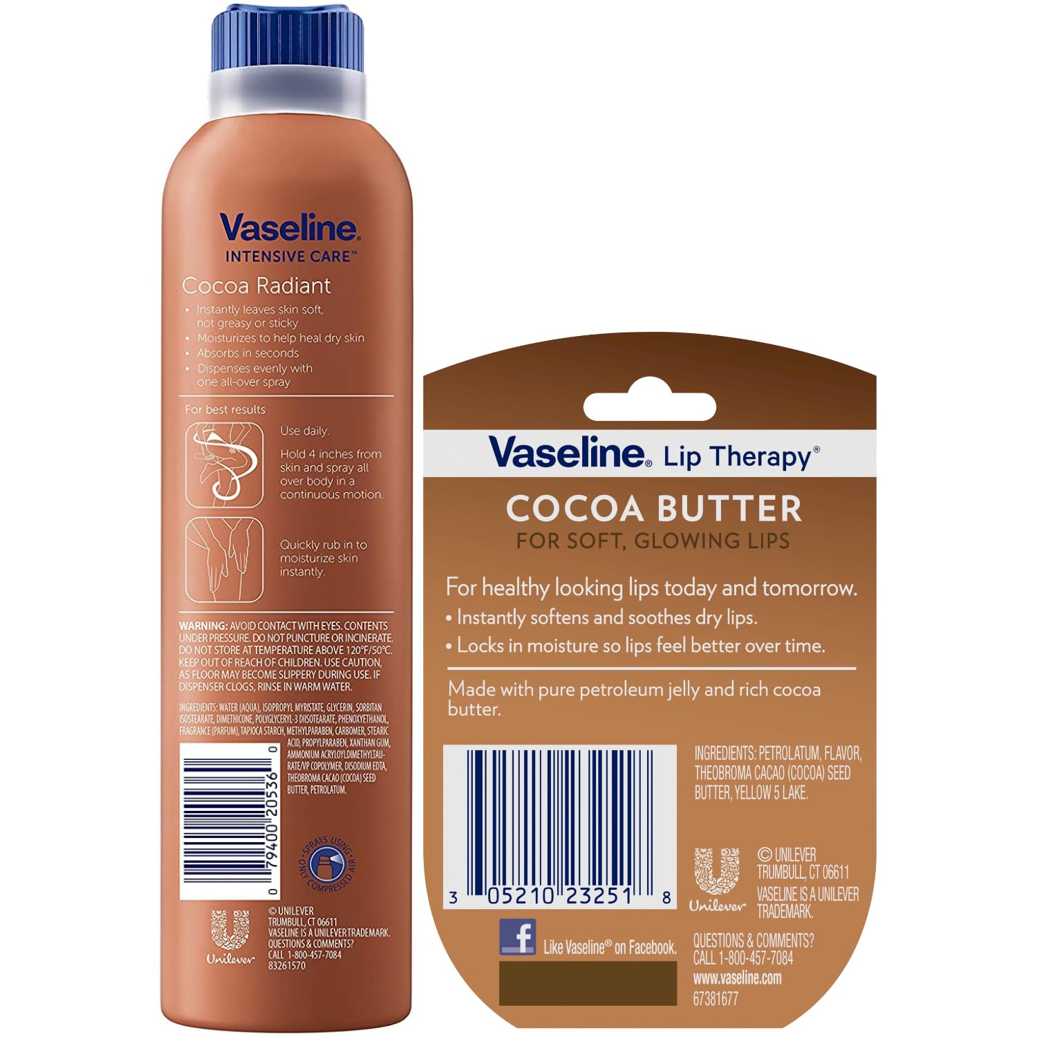 Vaseline Cocoa Radiant spray bottle back shows easy-to-use design for hydration.