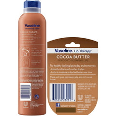 Vaseline Cocoa Radiant spray bottle back shows easy-to-use design for hydration.