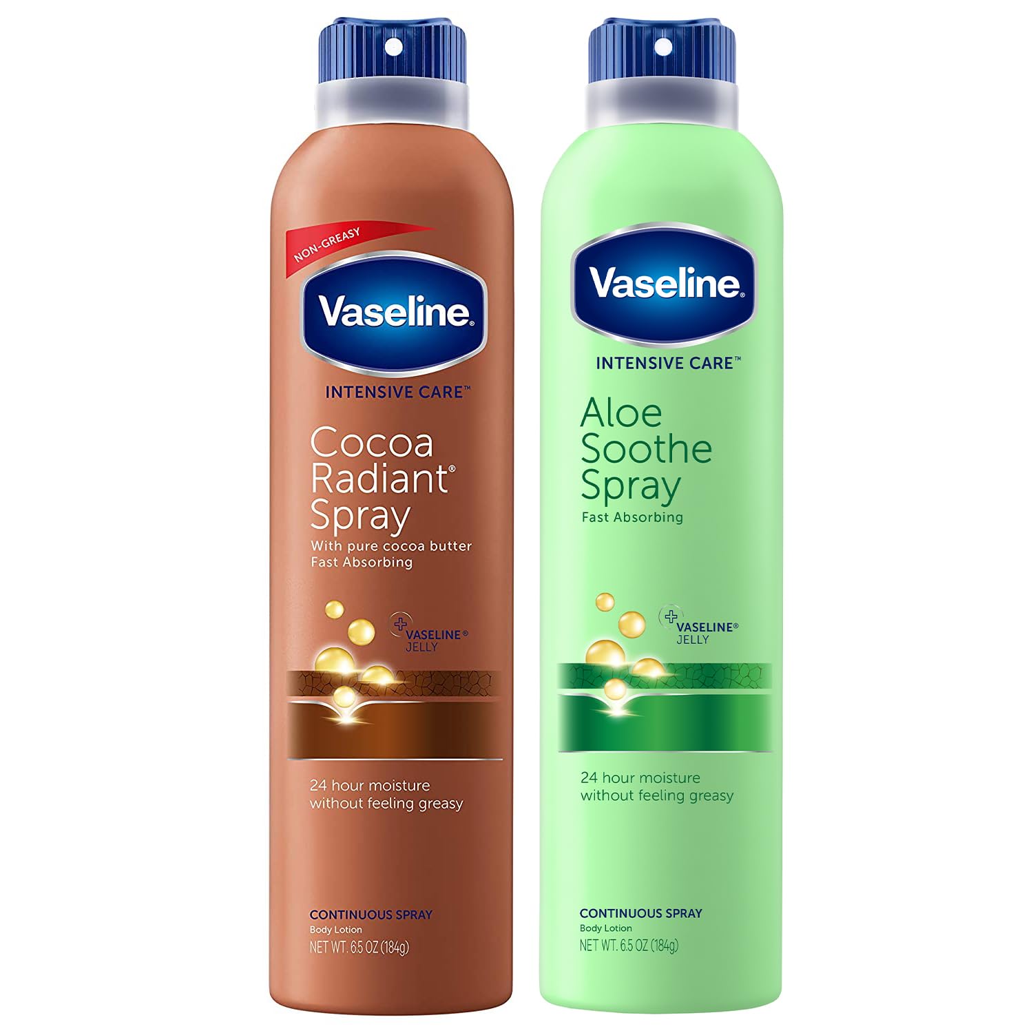 Vaseline Cocoa Radiant Spray bottle close-up showing fast-absorbing moisture for dry skin.