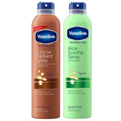 Vaseline Cocoa Radiant Spray bottle close-up showing fast-absorbing moisture for dry skin.