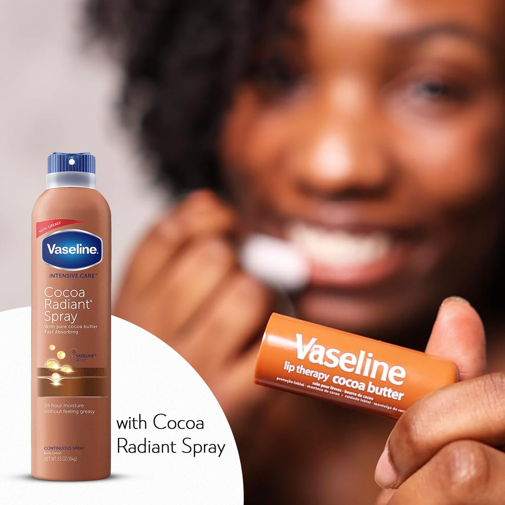 Close-up of Vaseline Cocoa Radiant spray mist for fast moisture application.
