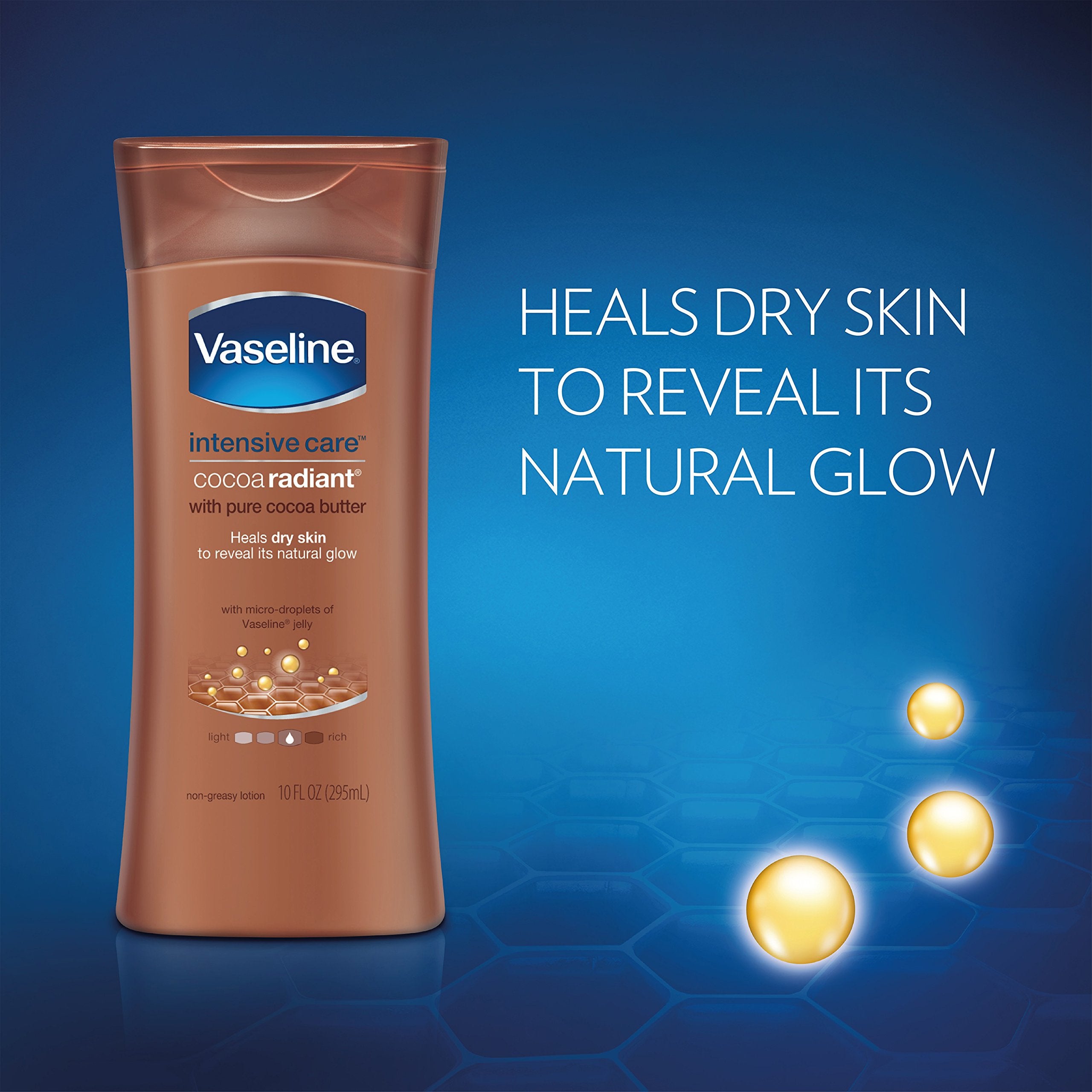 Vaseline Intensive Care Cocoa Radiant non-greasy absorption.